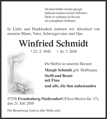 Traueranzeige von Winfried Schmidt von Siegener Zeitung