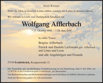 Traueranzeige von Wolfgang Afflerbach von Siegener Zeitung