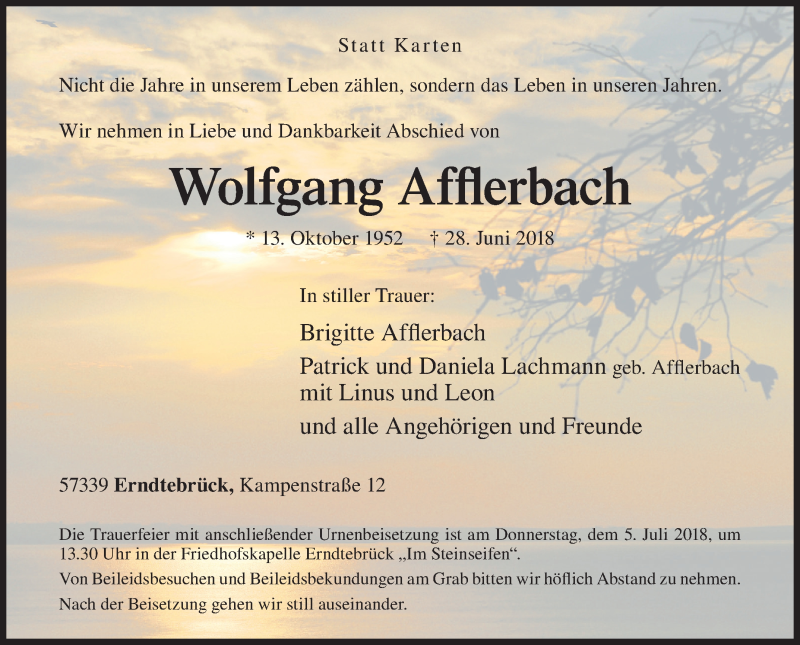  Traueranzeige für Wolfgang Afflerbach vom 02.07.2018 aus Siegener Zeitung