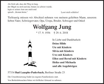 Traueranzeige von Wolfgang Jung von Siegener Zeitung