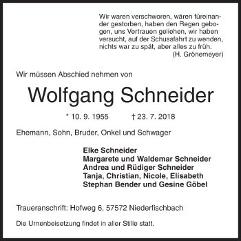 Traueranzeige von Wolfgang Schneider von Siegener Zeitung