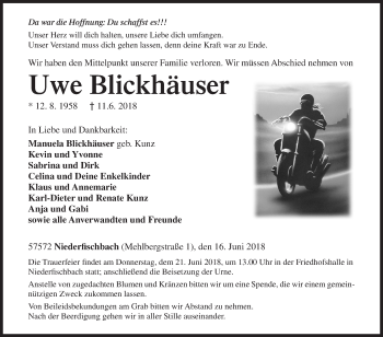 Traueranzeige von Uwe Blickhäuser von Siegener Zeitung