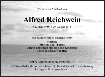 Traueranzeige von Alfred Reichwein von Siegener Zeitung