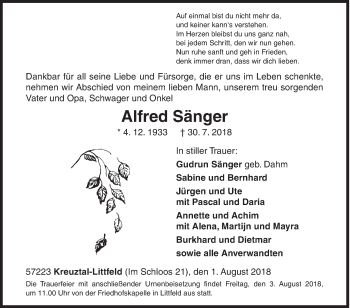 Traueranzeige von Alfred Sänger von Siegener Zeitung