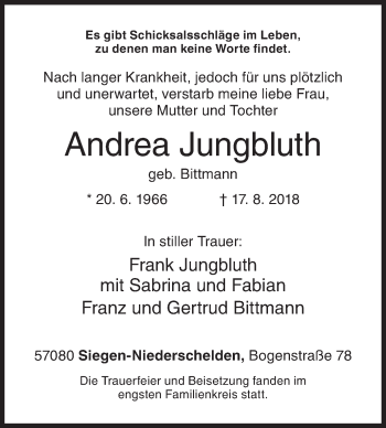 Traueranzeige von Andrea Jungbluth von Siegener Zeitung
