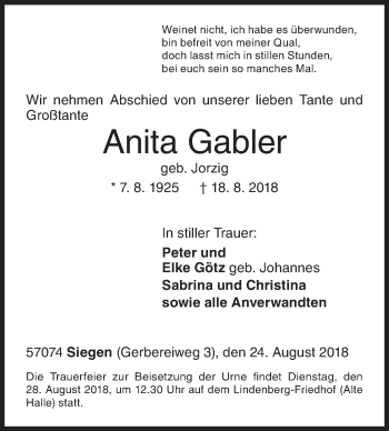 Traueranzeige von Anita Gabler von Siegener Zeitung