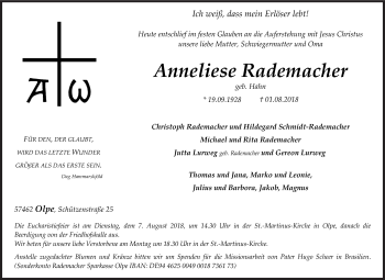 Traueranzeige von Anneliese Rademacher von Siegener Zeitung