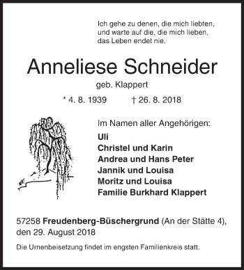 Traueranzeige von Anneliese Schneider von Siegener Zeitung