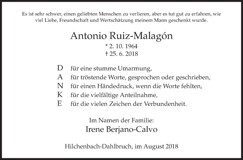  Traueranzeige für Antonio Ruiz-Malagon vom 11.08.2018 aus Siegener Zeitung