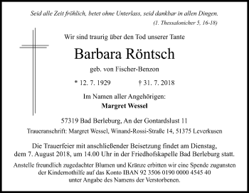 Traueranzeige von Barbara Röntsch von Siegener Zeitung