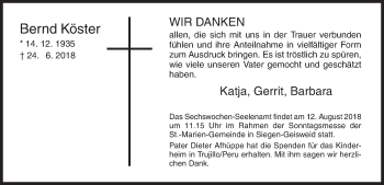 Traueranzeige von Bernd Köster von Siegener Zeitung