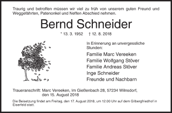 Traueranzeige von Bernd Schneider von Siegener Zeitung