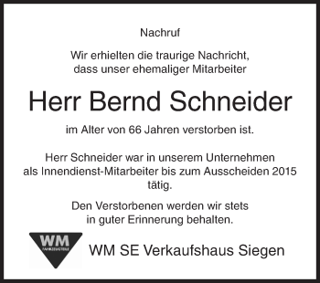 Traueranzeige von Bernd Schneider von Siegener Zeitung