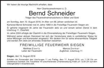 Traueranzeige von Bernd Schneider von Siegener Zeitung