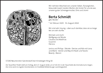 Traueranzeige von Berta Schmidt von Siegener Zeitung
