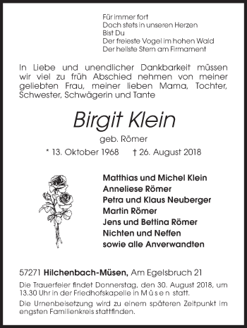 Traueranzeige von Birgit Klein von Siegener Zeitung