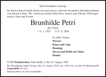 Traueranzeige von Brunhilde Petri von Siegener Zeitung