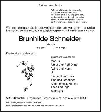 Traueranzeige von Brunhilde Schneider von Siegener Zeitung