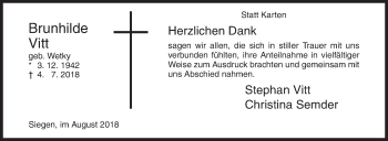 Traueranzeige von Brunhilde Vitt von Siegener Zeitung