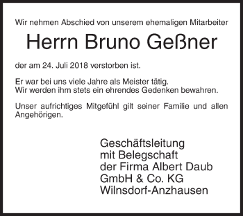 Traueranzeige von Bruno Geßner von Siegener Zeitung