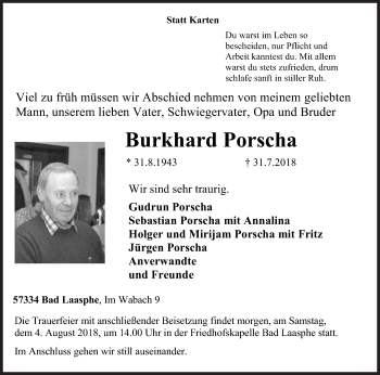 Traueranzeige von Burkhard Porscha von Siegener Zeitung