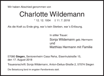Traueranzeige von Charlotte Wildemann von Siegener Zeitung