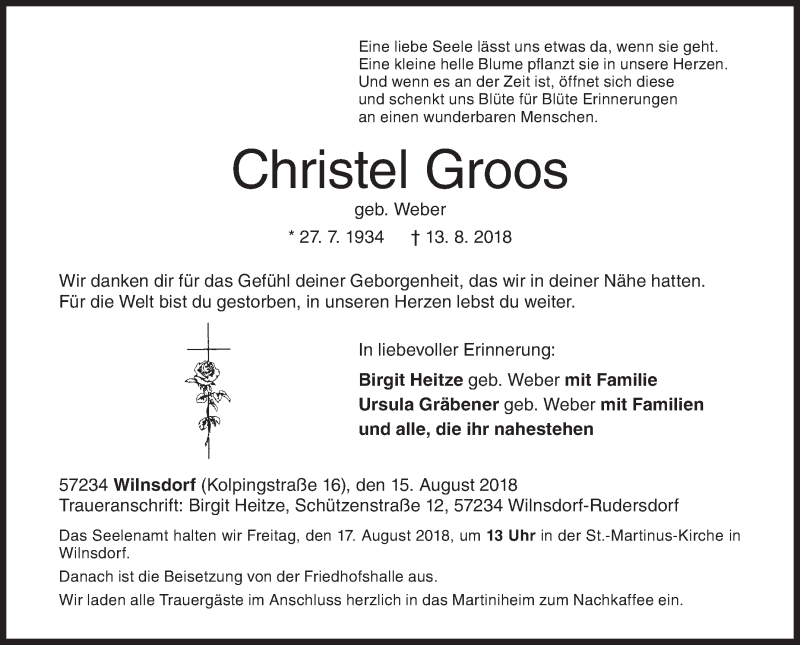  Traueranzeige für Christel Groos vom 15.08.2018 aus Siegener Zeitung