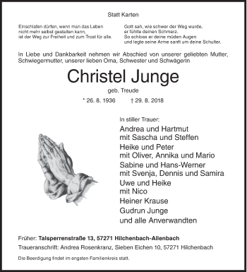 Traueranzeige von Christel Junge von Siegener Zeitung