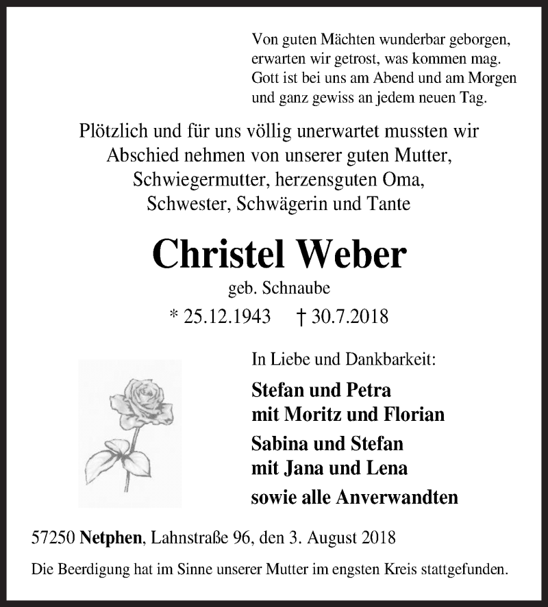  Traueranzeige für Christel Weber vom 03.08.2018 aus Siegener Zeitung