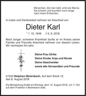 Traueranzeige von Dieter Karl von Siegener Zeitung