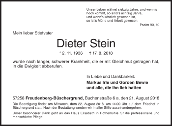 Traueranzeige von Dieter Stein von Siegener Zeitung