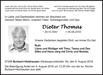 Traueranzeige von Dieter Thomas von Siegener Zeitung