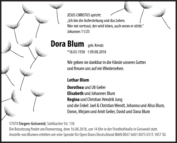Traueranzeige von Dora Blum von Siegener Zeitung