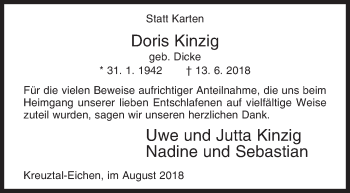 Traueranzeige von Doris Kinzig von Siegener Zeitung