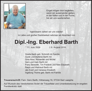 Traueranzeige von Eberhard Barth von Siegener Zeitung