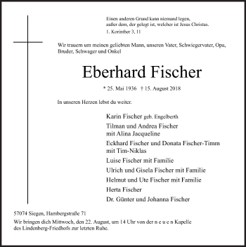 Traueranzeige von Eberhard Fischer von Siegener Zeitung