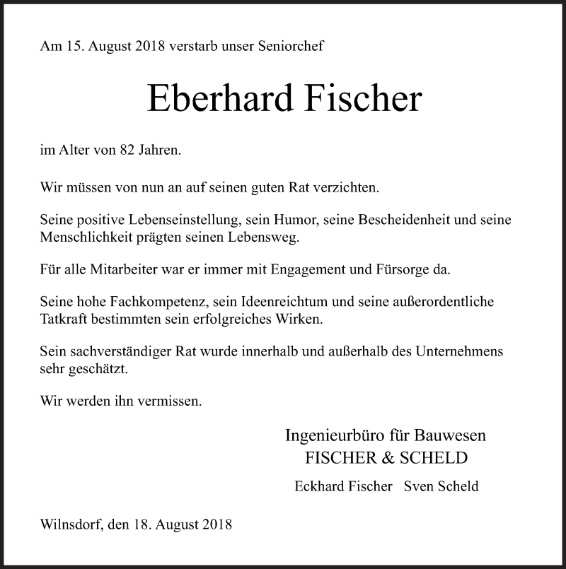  Traueranzeige für Eberhard Fischer vom 18.08.2018 aus Siegener Zeitung