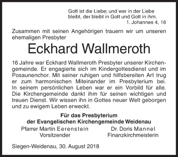 Traueranzeige von Eckhard Wallmeroth von Siegener Zeitung