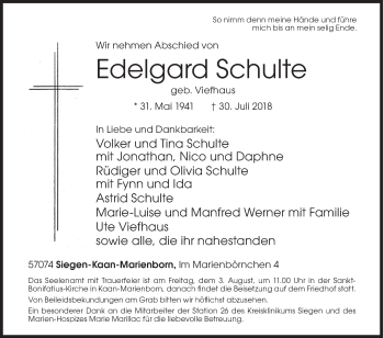 Traueranzeige von Edelgard Schulte von Siegener Zeitung