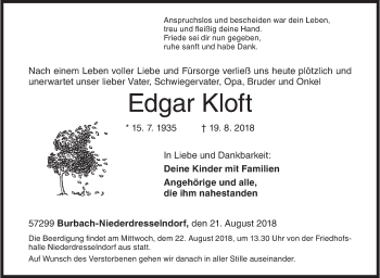 Traueranzeige von Edgar Kloft von Siegener Zeitung