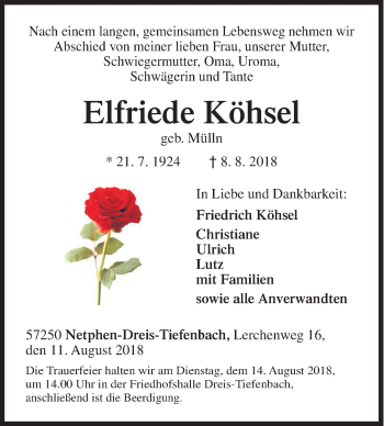 Traueranzeige von Elfriede Köhsel von Siegener Zeitung