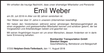 Traueranzeige von Emil Weber von Siegener Zeitung