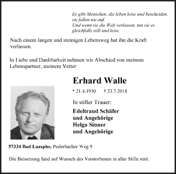 Traueranzeige von Erhard Walle von Siegener Zeitung