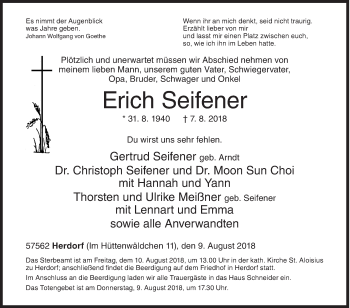 Traueranzeige von Erich Seifener von Siegener Zeitung