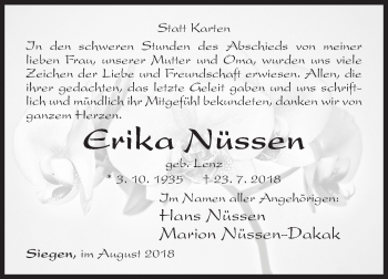 Traueranzeige von Erika Nüssen von Siegener Zeitung