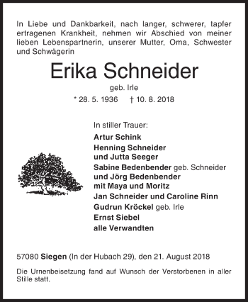 Traueranzeige von Erika Schneider von Siegener Zeitung