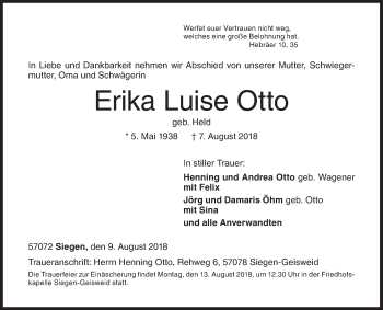 Traueranzeige von Erika Luise Otto von Siegener Zeitung