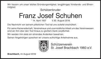 Traueranzeige von Franz Josef Schuhen von Siegener Zeitung