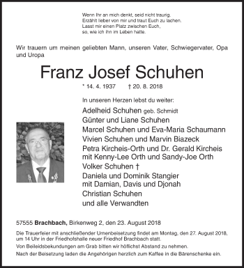 Traueranzeige von Franz Josef Schuhen von Siegener Zeitung