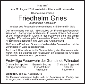 Traueranzeige von Friedhelm Gries von Siegener Zeitung